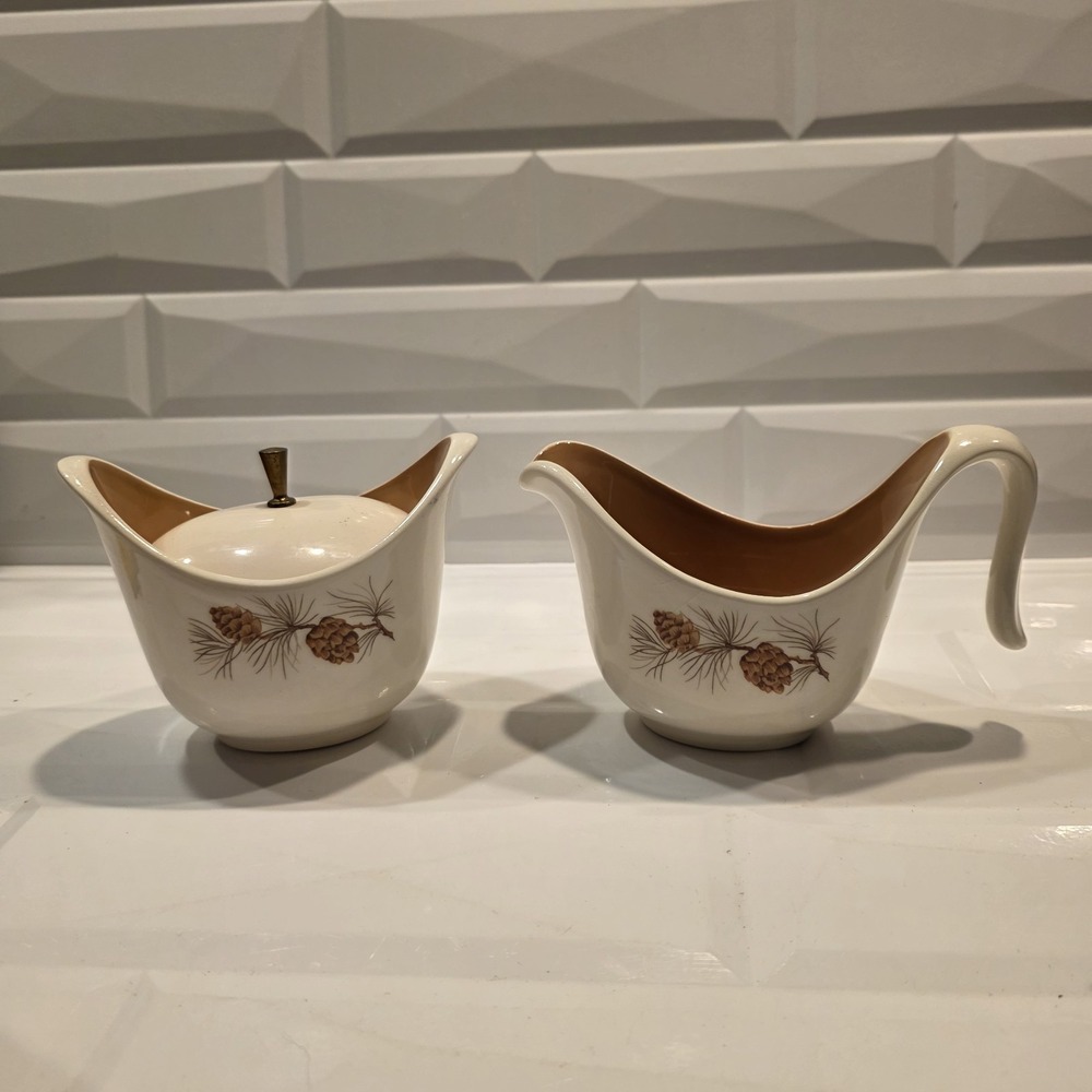 Vintage Taylor Smith Taylor Creamer & Sugar Bowl With Lid‎ PINECONE Pattern FALL
